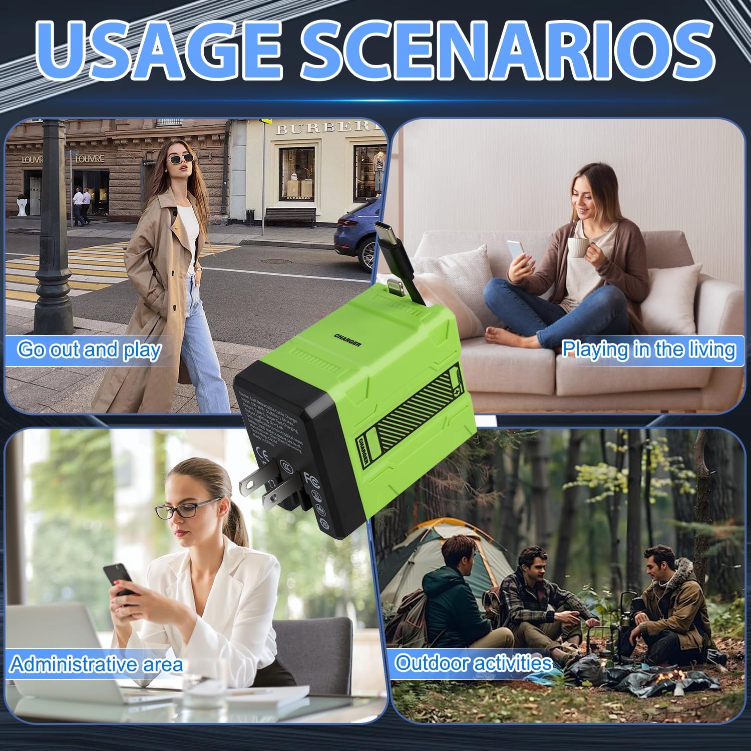 2 in 1 Compatible with 120w Fast Charger, 2025 New Retractable Wall Fast Charger Module, Portable c harger with All in 1 Foldable Plug,for Phone, Tablet, Laptops(Green) - Image 7